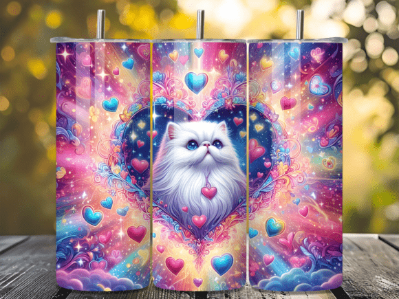 Galaxy Heart White Persian Cat Tumbler: A Sublimation Design for Cosmic Charm