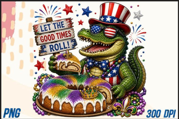 Patriotic Alligator and King Cake PNG: A Unique Design Asset