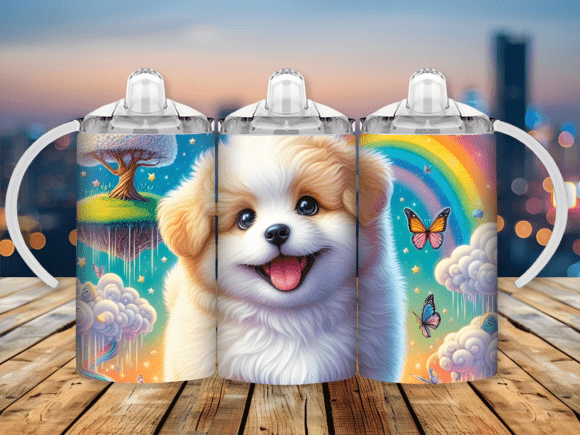 Puppy Rainbow Sky Sippy Cup Kids Tumbler: A Playful Design Asset