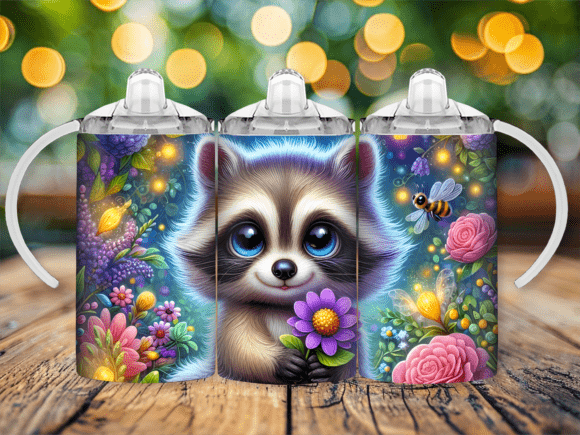 Raccoon Flowers Sippy Cup Kids Tumbler Wrap Design